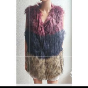 Cusp By Neiman Marcus Womens Vest Faux Fur Lined Blue Pink White Fuzzy Boho L